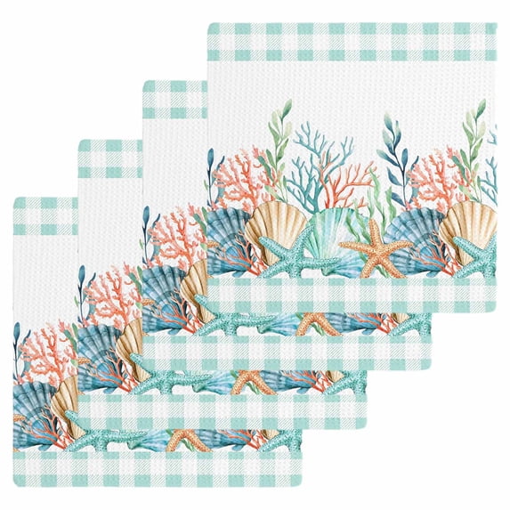 Nautical Coastal Kitchen Dish Towels for Drying Dishes Set of 4, Summer Sea Corals Shells Starfish Green Plaid Waffle Weave Microfiber Hand Tea Bathroom Towels Quick Dry & Absorbent Towel 12x12