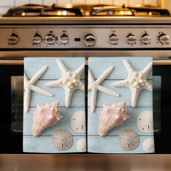 Nautical Coastal Kitchen Towels Set of 1, Ocean Sand Dollars Conch Starfish Wood Blue Absorbent Dish Towels for Kitchen, Microfiber Hand Towel, Quick Drying Tea Towel for Cleaning Dishcloths