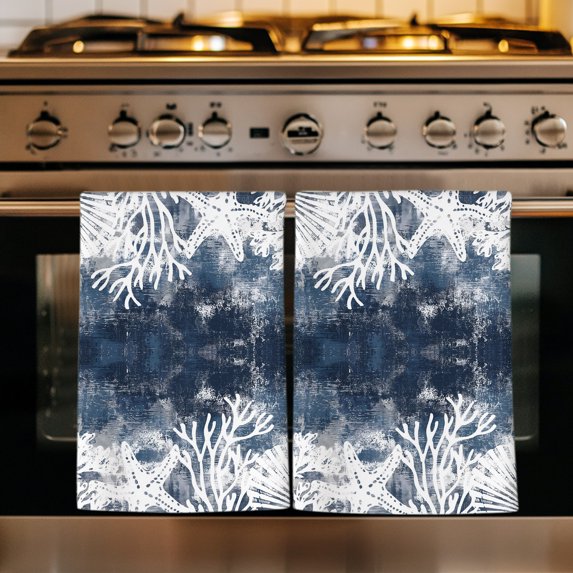 Nautical Coastal Kitchen Towels Set of 1, Vintage Ocean Coral Starfish Shells Navy Blue Absorbent Dish Towels for Kitchen, Microfiber Hand Towel, Quick Drying Tea Towel for Cleaning Dishcloths