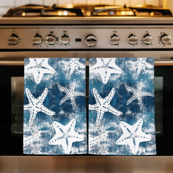 Nautical Coastal Kitchen Towels Set of 1, Vintage Sunmmer Ocean Starfish Deep Blue Absorbent Dish Towels for Kitchen, Microfiber Hand Towel, Quick Drying Tea Towel for Cleaning Decorative Dishcloths