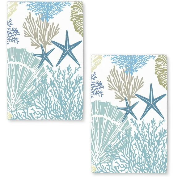 Nautical Coastal Kitchen Towels Set of 2 Dish Towels Kitchen Hand Towels Absorbent Dish Towels Quick Dry Microfiber Cloth Dish Towels Drying Towel 18" x 26",Ocean Coral Starfish Beach Blue Teal
