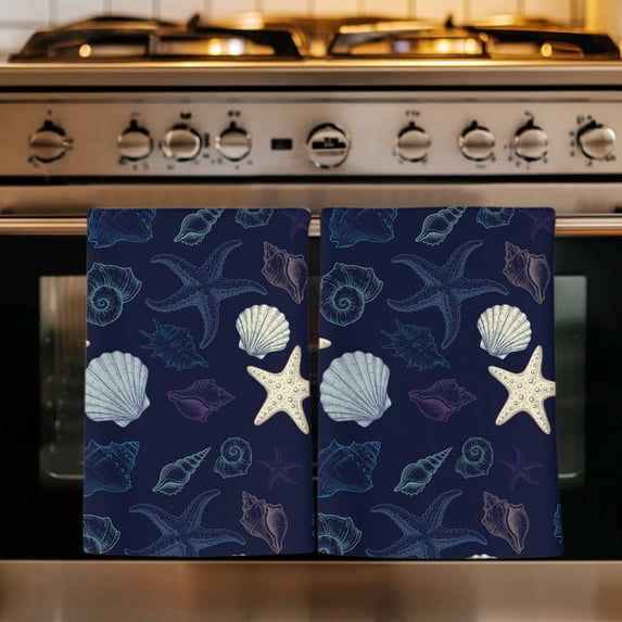 Nautical Coastal Kitchen Towels Set of 2, Ocean Beach Starfish Shell Conch Navy Blue Absorbent Dish Towels for Kitchen, Microfiber Hand Towel, Quick Drying Tea Towel for Cleaning Dishcloths