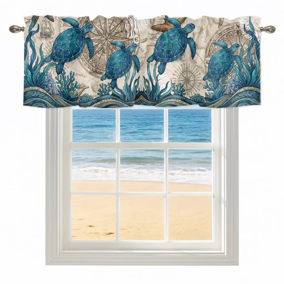 Nautical Coastal Kitchen Valances for Windows 42x18 Inch Kitchen Curtains Valances Rod Pocket Retro Marine Life Turtle Map Compass Beige Bathroom Window Valances for Window Treatment Decor