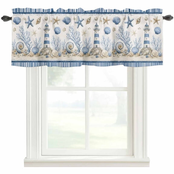 Nautical Coastal Kitchen Valances for Windows, Lighthouse Conch Coral Navy Blue Bathroom Window Valances 42x18 Inch Rod Pocket Window Treatments Valance Curtains for Living Room Bedroom Decor