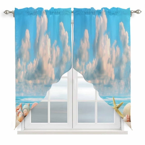 Nautical Coastal Kitchen Window Curtains, Swag Curtains Valance for Bedroom Living Room Bathroom, Summer Beach Shell Conch Starfish Blue Rod Pocket Window Curtain Block Drapes 2 Panels 36"x63"