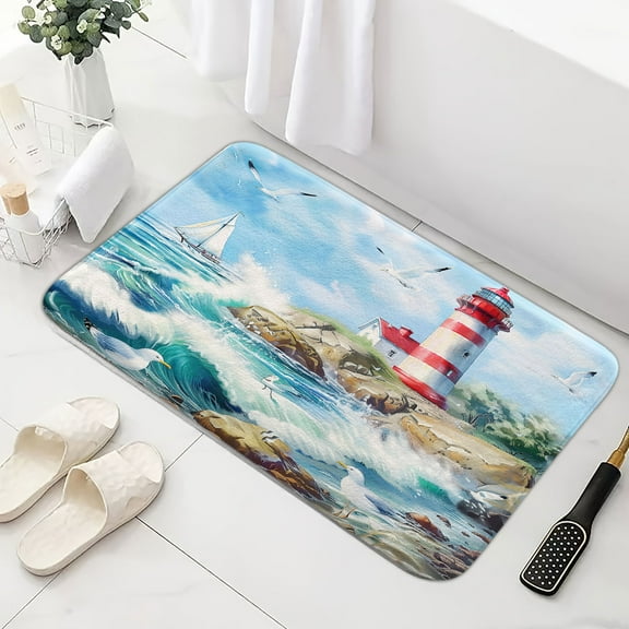 Nautical Coastal Lighthouse Bathroom Rugs, Blue Ocean Theme Bath Mat for Teen Girls Boy Bathroom, Sea Wave Beach Flannel Non Slip Kitchen Rugs Shower Bathtub Doormats 17X29in