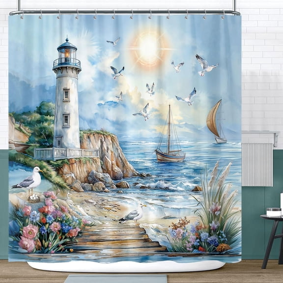 Nautical Coastal Lighthouse Shower Curtain, Boho Ocean Beach Lighthouse Seascape Beachy Abstract Shower Curtain Set, Seasides Sailboat Seagull Fabric Curtain for Bathroom-48"W x 72"L (Pack of 1)