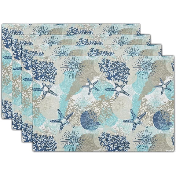 Nautical Coastal Linen Placemats Set of 4 Beach Ocean Themed Non Slip Heat-Resistant Washable Table Place Mats Starfish Seashell Tablemats for Kitchen Dining Home Decoration 12'' x 18''