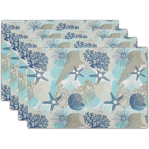 Nautical Coastal Linen Placemats Set of 4 Beach Ocean Themed Non Slip Heat-Resistant Washable Table Place Mats Starfish Seashell Tablemats for Kitchen Dining Home Decoration 12'' x 18''