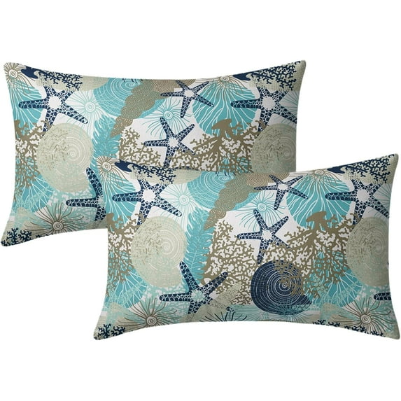 Nautical Coastal Lumbar Pillow Covers 12x20 Inch Set of 2, Beach Ocean Themed Starfish Seashell Blue Brown Decorative Throw Pillow Cases Cushion Covers Seasonal Gift Farmhouse Sofa Couch Bed Decor