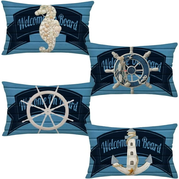 Nautical Coastal Lumbar Pillow Covers 12x20 Inch Set of 4 Navy Blue Wood Board Seahorse Rudder Anchor Pillow Cases Summer Ocean Themed Cushion Cover for Home Couch Sofa Patio