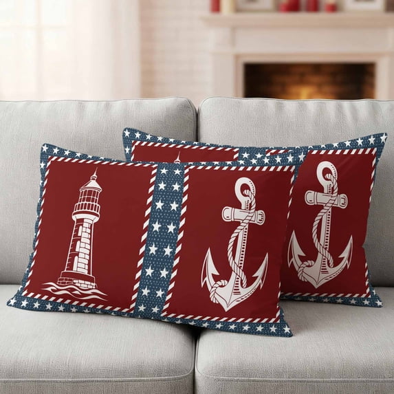 Nautical Coastal Lumbar Pillow Covers 20x12 Inch Set of 2, Blue Red Lighthouse Sailing Anchor Rudder Waterproof Outdoor Pillow Covers, Decorative Cushion Pillowcases for Couch Sofa Bed Garden Patio