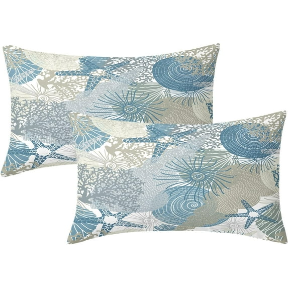 Nautical Coastal Lumbar Throw Pillow Covers 12X20 Inch Set of 2 Ocean Seashell Coral Starfish Decorative Pillow Cases Summer Beach Blue Gray Beige Pillow Covers Home Decor For Living Room Sofa Couch