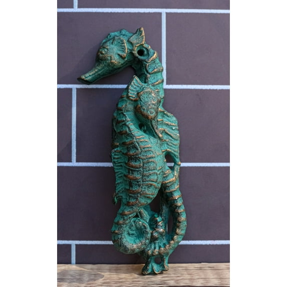 Nautical Coastal Marine Cast Iron Verdigris Seahorse Door Knocker Sea Horses