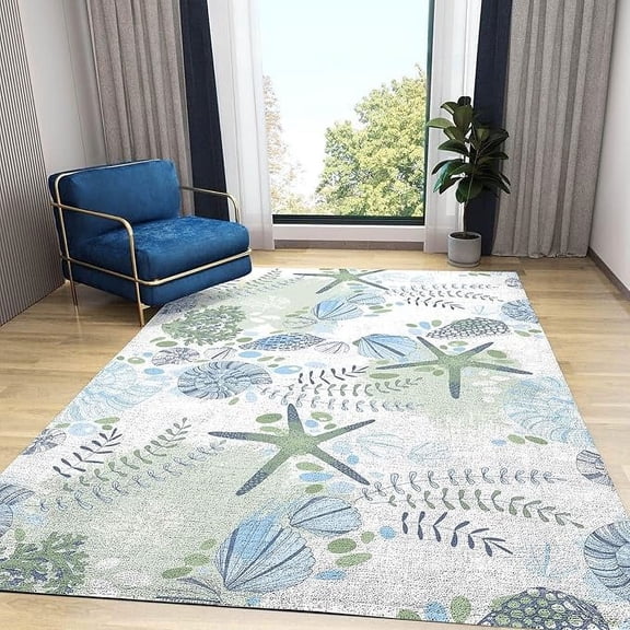 Nautical Coastal Ocean Area Rug, Blue Beach Creature Theme Indoor Carpet, With Non-Slip Backing Washable Rugs For Living Room Bedroom Kitchen Entryway Floor Mat 5 x 7ft