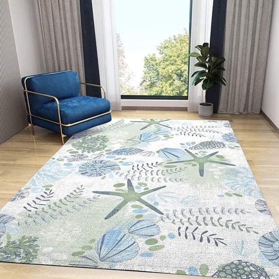 Nautical Coastal Ocean Area Rugs, Green Beach Theme Art Home Decor Carpet, Indoor Non-Slip Kids Rugs, Machine Washable Breathable Durable Carpet For Front Entrance Floor Decor 4x5ft