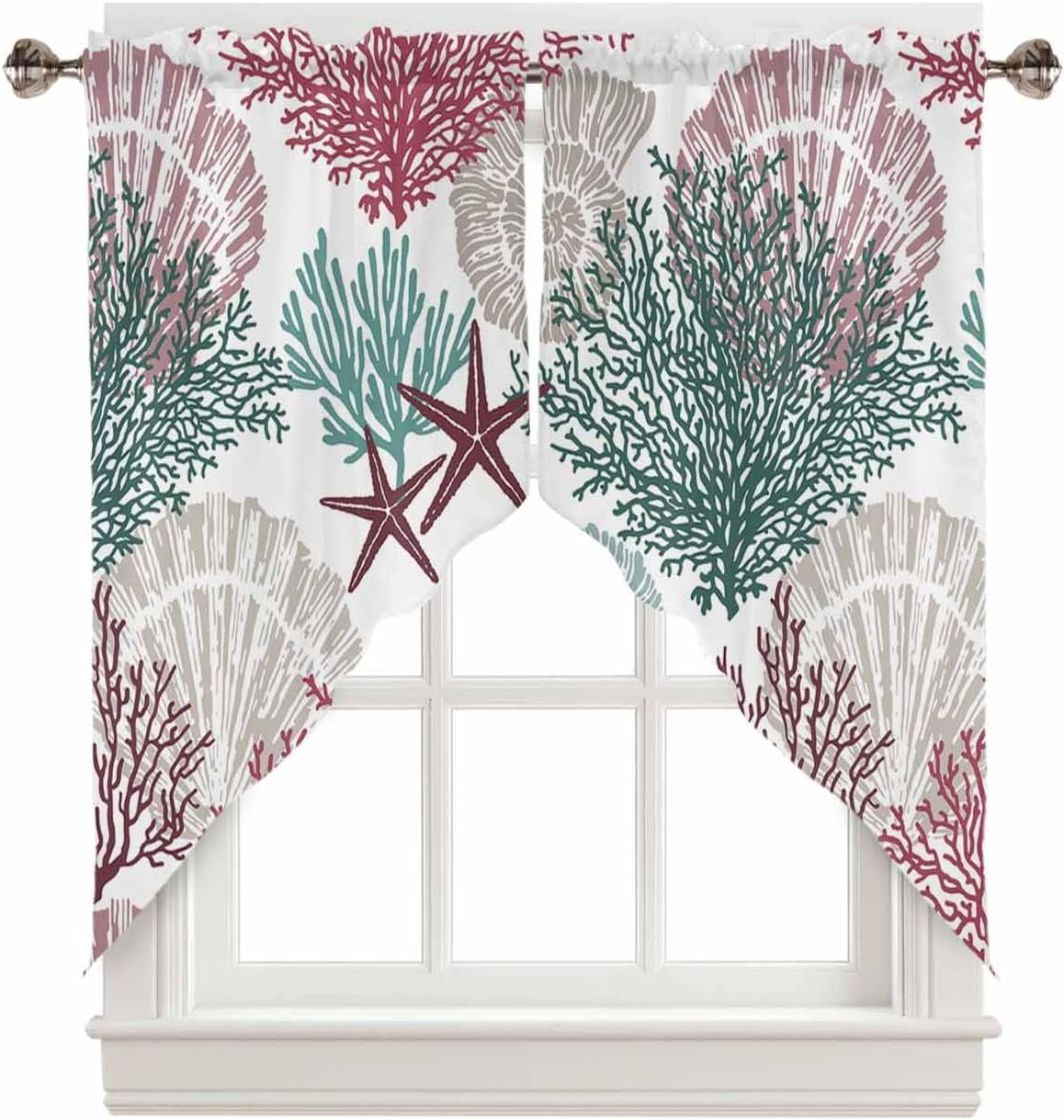 Nautical Coastal Ocean Coral Swag Valances Kitchen Decor Curtain Red