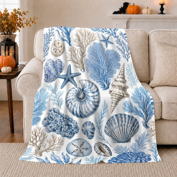Nautical Coastal Ocean Scene Blue Shells Coral Starfish, Peaceful Coastal Landscape Scene, Warm Flannel Blanket for Beach House and Living Room, Beach Lovers Housewarming Gift, Coastal Home Decor