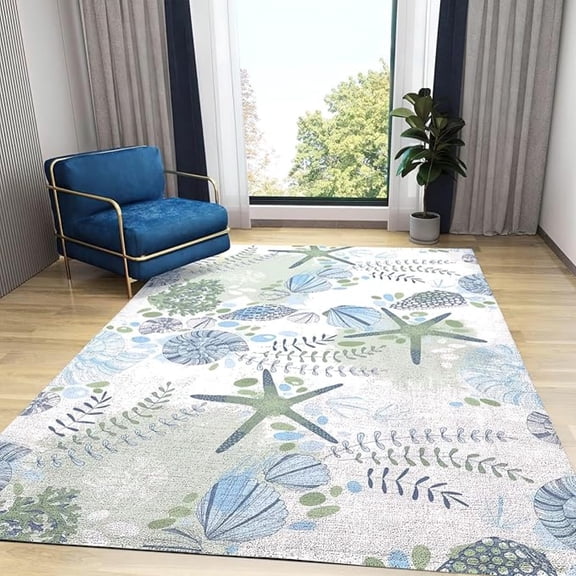 Nautical Coastal Ocean Theme Area Rug, Green Starfish Shell Non Slip Print Rugs, Easy Care Durable Carpet For Indoor Living Room Bedroom Office Decor Mat 4x6ft