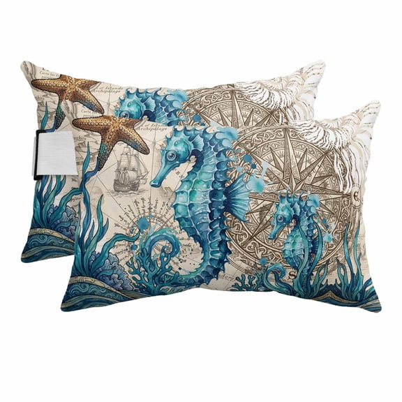 Nautical Coastal Outdoor Pillows for Chaise Lounge Chair Beach Headrest Pillow Set of 2 Waterproof Lumbar Pillows with Insert&Strap Retro Marine Life Seahorse Compass Map Beige Pool Pillow 12"x20"