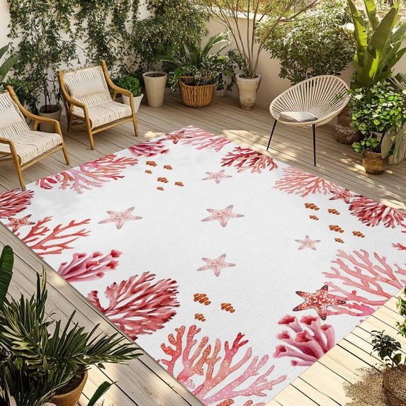 Nautical Coastal Outdoor Rug for Patio/Deck/Porch, Non-Slip Large Area Rug 4 x 6 Ft, Red Marine Starfish Coral Summer Ocean Indoor Outdoor Rugs Washable Area Rugs, Camping Rug Carpet Runner