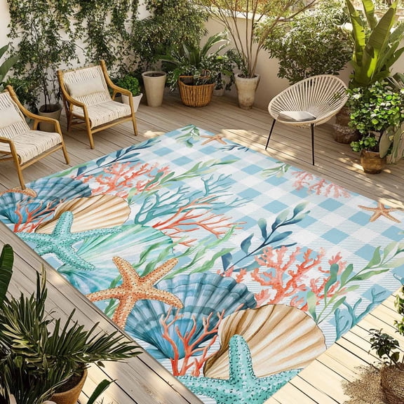 Nautical Coastal Outdoor Rug for Patio/Deck/Porch, Non-Slip Large Area Rug 5 x 7 Ft, Summer Beach Shell Coral Seaweed Blue Plaid Indoor Outdoor Rugs Washable Area Rugs, Camping Rug Carpet Runner
