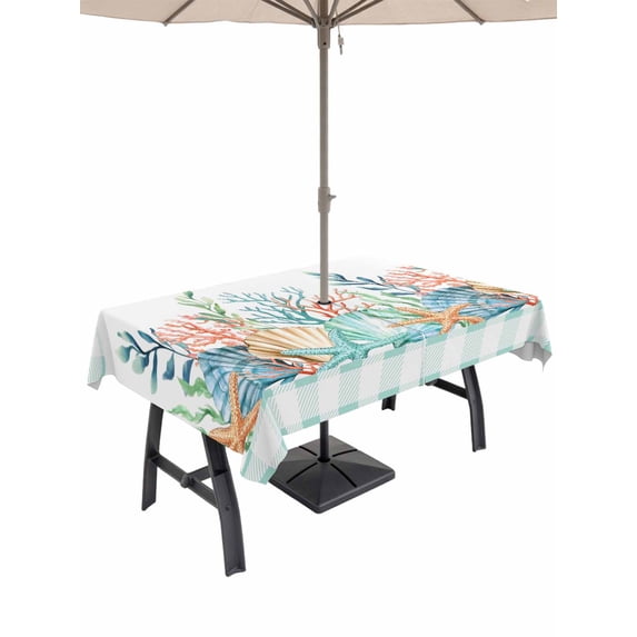 Nautical Coastal Outdoor Tablecloth - 52x70 Inch Rectangle Dining Table Cover, Summer Sea Corals Shells Starfish Green Plaid Waterproof Outdoor Table Cloth with Umbrella Hole & Zipper for Patio