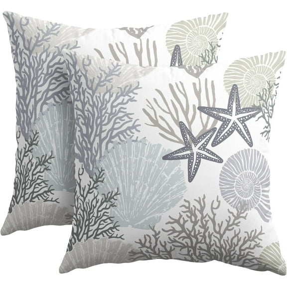 Nautical Coastal Pillow Covers 16x16 Inch Set of 2 Ocean Coral Seashell Starfish Throw Pillow Covers Summer Beach Outdoor Pillow Cases Cotton Linen Square Cushion Covers for Couch Bed Sofa Home Decor