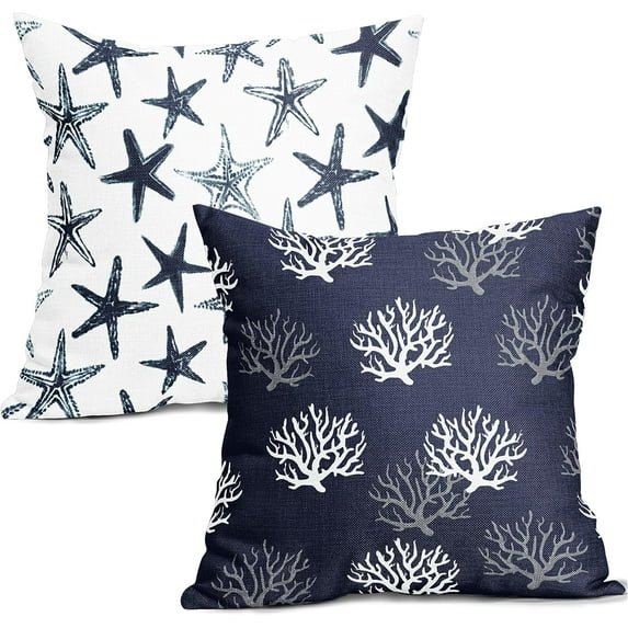 Nautical Coastal Pillow Covers 18x18 Inch Set of 2 Navy Blue Sea Coral and Starfish Throw Pillows Square Linen Cushion Cover for Home Couch Sofa Patio Bedroom Livingroom
