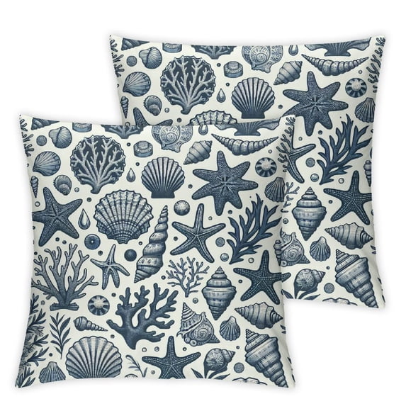 Nautical Coastal Pillow Covers 18x18In Set of 2 Blue Beach Theme Ocean Seashell Coral Starfish Throw Pillow Covers Summer Outdoor Pillow Cases Cotton Cushion Covers Sofa Decor Multiple specifications
