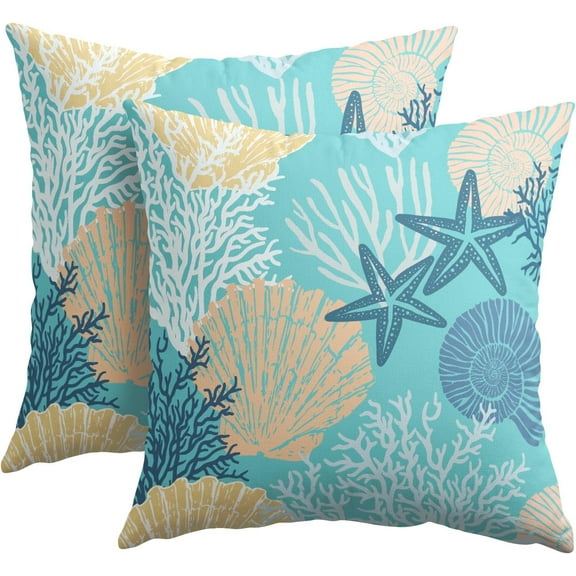 Nautical Coastal Pillow Covers 20x20 Inch Set of 2 Teal Beach Theme Ocean Seashell Coral Starfish Throw Pillow Covers Summer Outdoor Pillow Cases Cotton Linen Cushion Covers for Couch Bed Sofa Decor