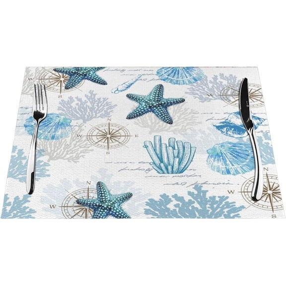 Nautical Coastal Placemats,Ocean Starfish Coral Sea Shell Compass Blue White Theme Table Place Table Mat for Table Kitchen Dining Party Indoor Outdoor Hotel, 12x18 in Set of 4