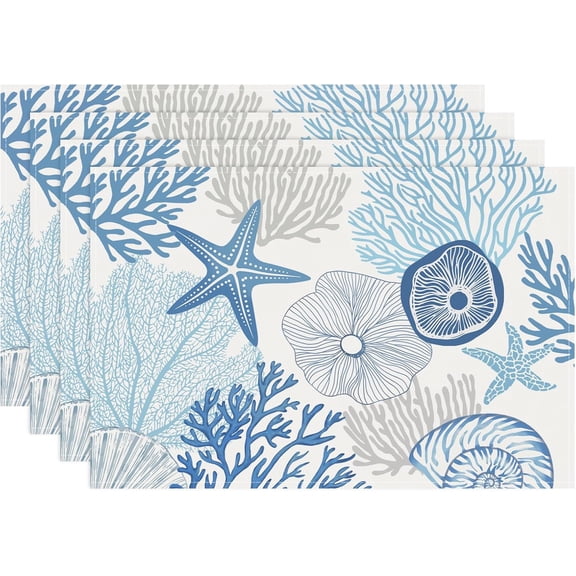 Nautical Coastal Placemats Set of 4, 12x18 Inch Beach Ocean Starfish Seashell Kitchen Dining Table Mats Washable Place Mats for Indoor Outdoor Home Party Decor