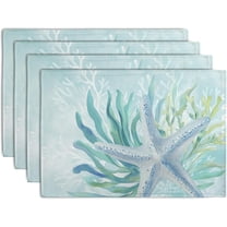Nautical Coastal Placemats Set of 4 Ocean Coral Starfish Seagrass Beach Theme Table Mat 12x18 Inch Teal Turquoise Blue Summer Linen Fabric Place Mats for Party Kitchen Dining Outdoor Indoor Decor