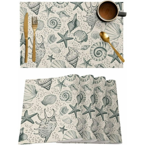 Nautical Coastal Placemats Set of 4,Washable Woven Burlap Cloth Fabric Placemat for Square/Rectangle/Round/Oval Dining Table,Easy Clean Place Mats for Kids Starfish Conch Shell Retro Middle Century