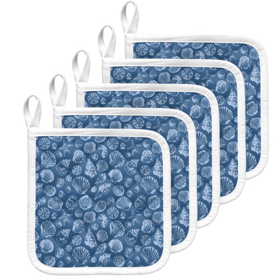 Nautical Coastal Pot Holders for Kitchen Heat Insulation Potholder,Kitchen Pot Holders Sets Washable Oven Hot Pads Terry Cloth Trivet for Cooking Sea Shells Conch Starfish Minimalist Blue 5 Pack