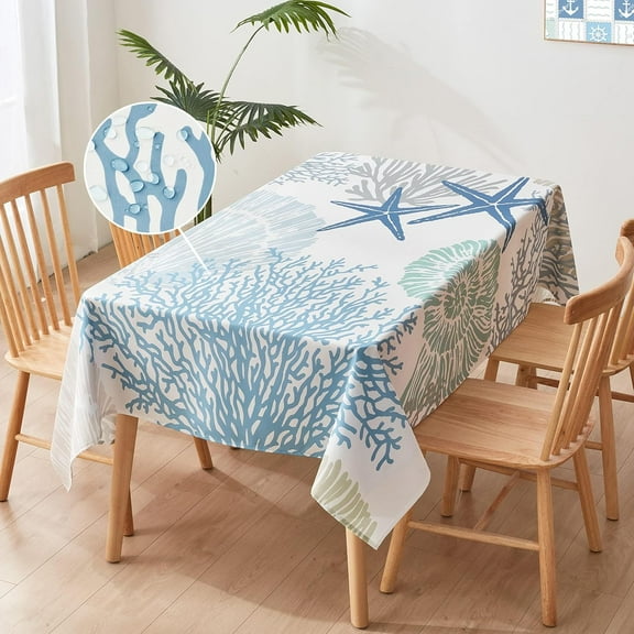 Nautical Coastal Rectangle Tablecloth Beach Ocean Print Table Cloth Waterproof Stain Resistant Wrinkle-Free Table Cover for Kitchen Dining Room Indoor and Outdoor Picnic Party 52x70 Inches