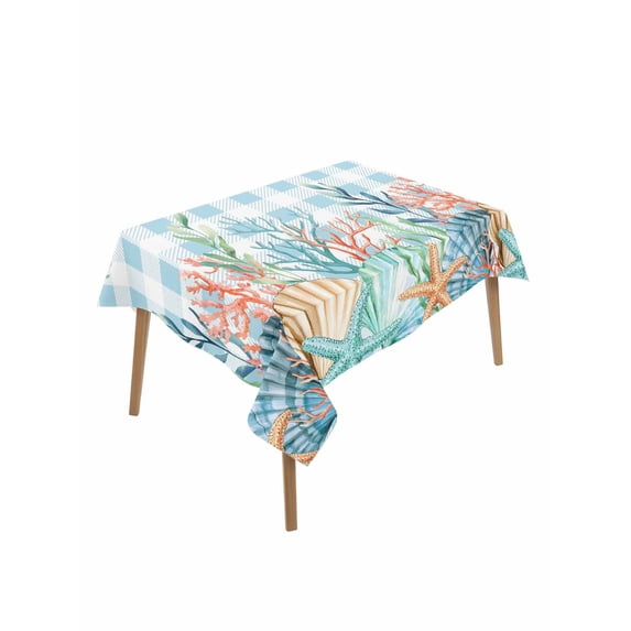 Nautical Coastal Rectangle Tablecloth, Summer Beach Shell Coral Seaweed Blue Plaid Waterproof & StainResistant Tablecloth, Washable Oil-proof Table Cover for Dining/Party/Wedding/Buffet 60x102 In