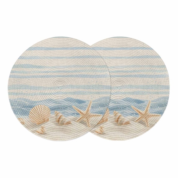 Nautical Coastal Round 13 Inch Placemats Set of 2, Ocean Beach Starfish Shells Conch Waves Beige HeatResistant Non Slip Place Mats for Dining Table, Wipeable Kitchen Table Mats for Housewarming