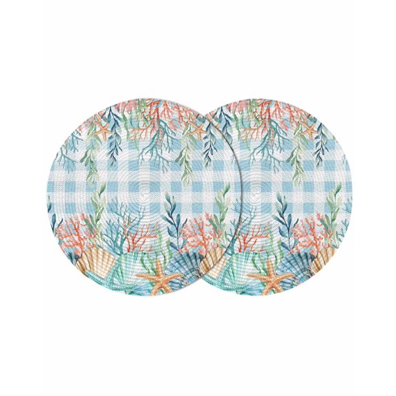 Nautical Coastal Round 13 Inch Placemats Set of 2, Summer Beach Shell Coral Seaweed Blue Plaid HeatResistant Non Slip Place Mats for Dining Table, Wipeable Braided Kitchen Table Mats for Housewarming