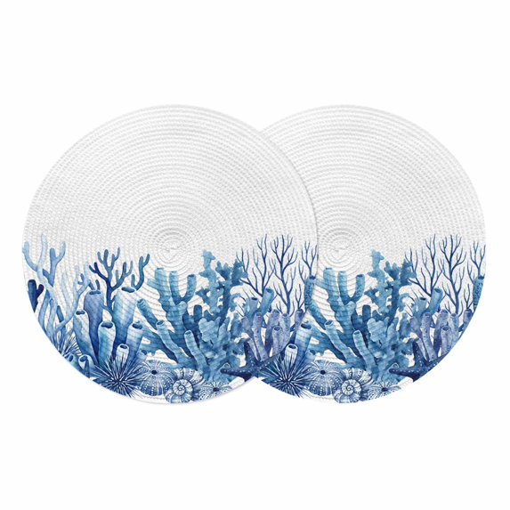 Nautical Coastal Round 13 Inch Placemats Set of 2, Summer Ocean Coral Starfish Conch Blue HeatResistant Non Slip Place Mats for Dining Table, Wipeable Braided Kitchen Table Mats for Housewarming