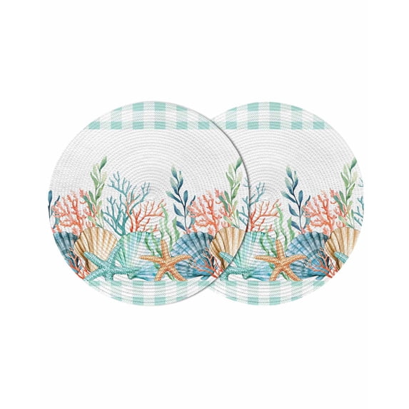 Nautical Coastal Round 13 Inch Placemats Set of 2, Summer Sea Corals Shells Starfish Green Plaid HeatResistant Non Slip Place Mats for Dining Table, Wipeable Kitchen Table Mats for Housewarming