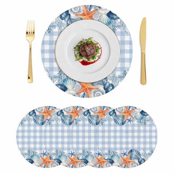 Nautical Coastal Round 13 Inch Placemats Set of 4, Ocean Starfish Shells Coral Conch Blue Plaid HeatResistant Non Slip Place Mats for Dining Table, Wipeable Kitchen Table Mats for Housewarming