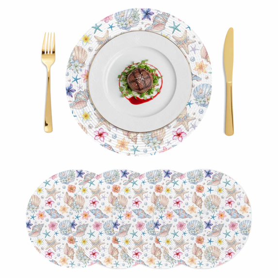 Nautical Coastal Round 13 Inch Placemats Set of 4, Summer Beach Shell Starfish Floral HeatResistant Non Slip Place Mats for Dining Table, Wipeable Braided Kitchen Table Mats for Housewarming