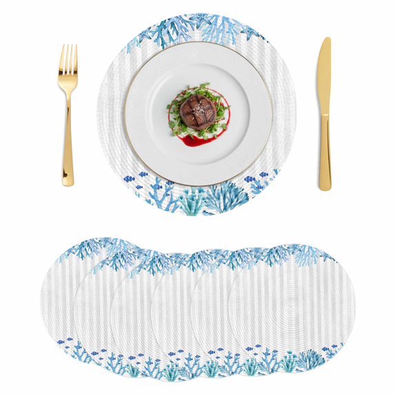 Nautical Coastal Round 13 Inch Placemats Set of 6, Summer Underwater Ocean Starfish Gray Stripes HeatResistant Non Slip Place Mats for Dining Table, Wipeable Kitchen Table Mats for Housewarming