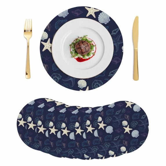 Nautical Coastal Round 13 Inch Placemats Set of 8, Ocean Beach Starfish Shell Conch Navy Blue HeatResistant Non Slip Place Mats for Dining Table, Wipeable Braided Kitchen Table Mats for Housewarming
