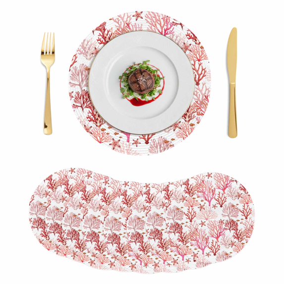 Nautical Coastal Round 13 Inch Placemats Set of 8, Summer Sea Coral Starfish Underwater Red HeatResistant Non Slip Place Mats for Dining Table, Wipeable Braided Kitchen Table Mats for Housewarming