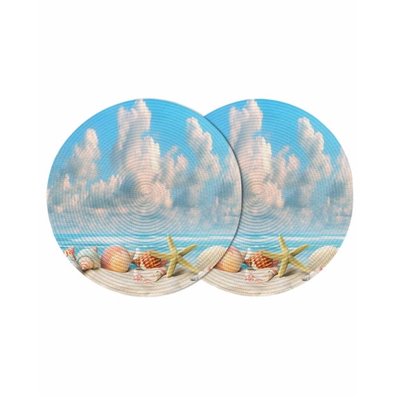 Nautical Coastal Round 15 Inch Placemats Set of 2, Summer Beach Shell Conch Starfish Blue HeatResistant Non Slip Place Mats for Dining Table, Wipeable Braided Kitchen Table Mats for Housewarming