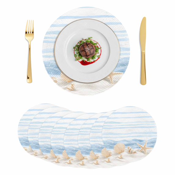 Nautical Coastal Round 15 Inch Placemats Set of 8, Ocean Starfish Shells Conch Waves Watercolor HeatResistant Non Slip Place Mats for Dining Table, Wipeable Kitchen Table Mats for Housewarming
