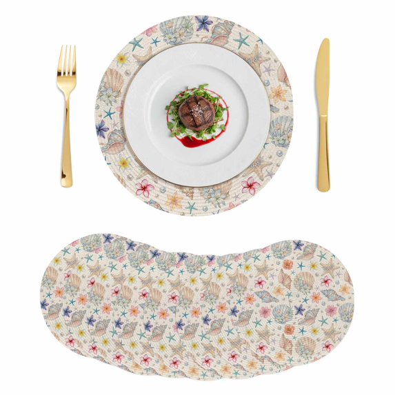 Nautical Coastal Round 15 Inch Placemats Set of 8, Summer Ocean Shell Starfish Floral HeatResistant Non Slip Place Mats for Dining Table, Wipeable Braided Kitchen Table Mats for Housewarming